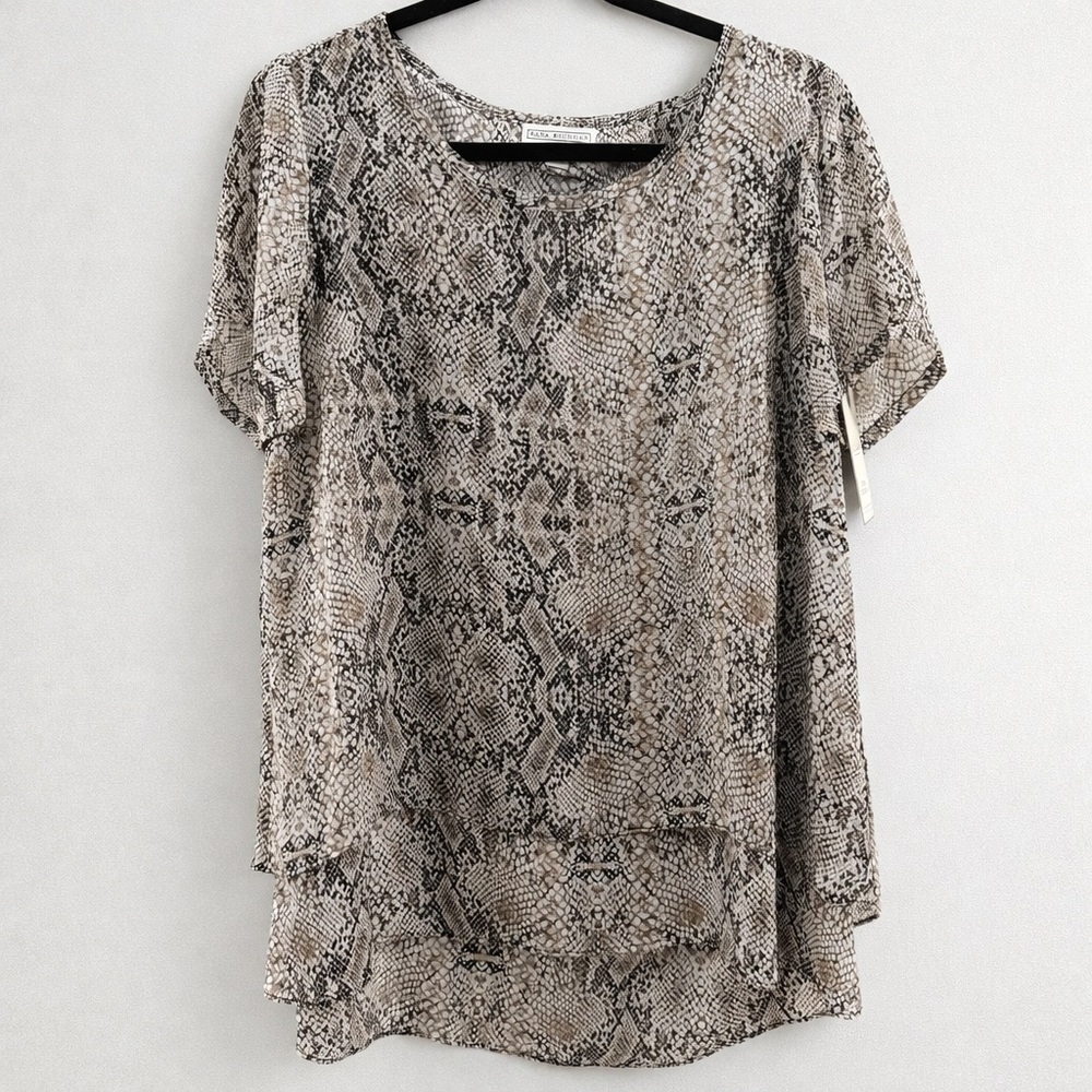 Dana Buchman Snake Print Flyaway Back Blouse Layered Chiffon Top L NWT
